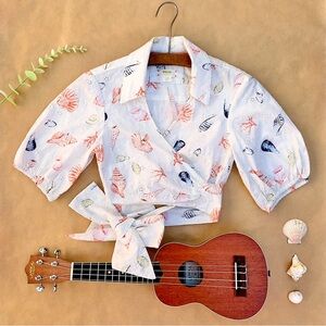 Anthro ❉ Maeve Puff Sleeve Cotton Eyelet Wrap Crop Top White Seashell XS Petite